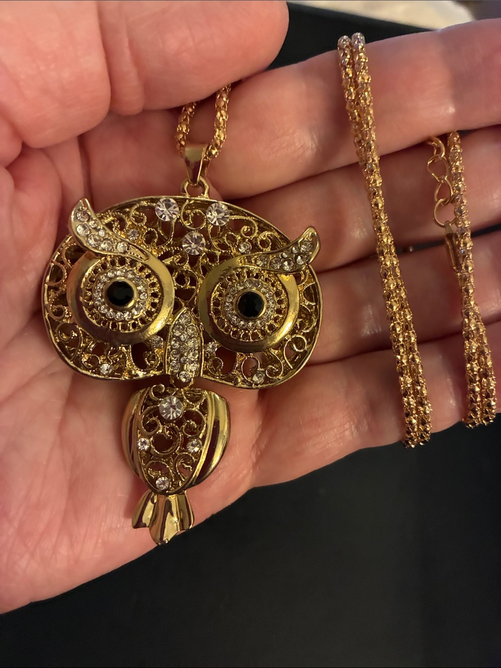 Gold Owl Pendant Necklace with Crystal Accents. Body moves. - Picture 3 of 5